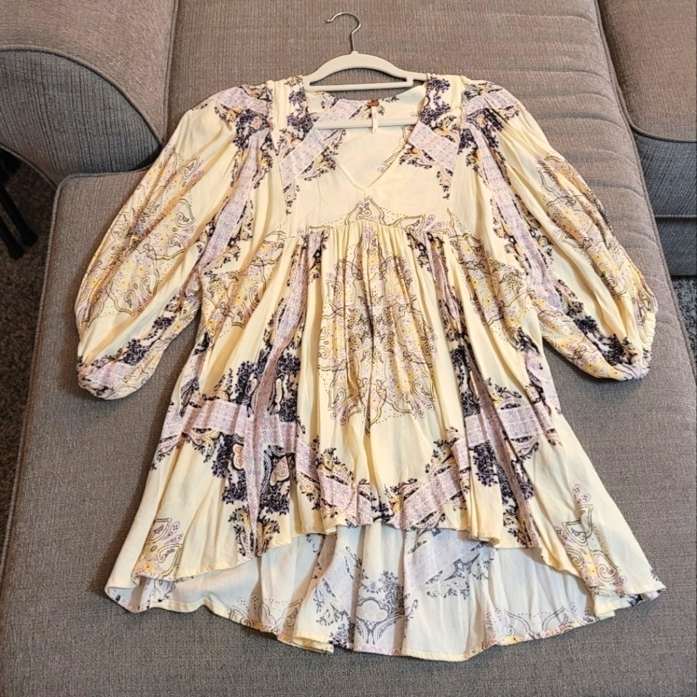 Free People Girl Talk Boho Floral Festive Cottage Balloon Sleeve Tunic XS